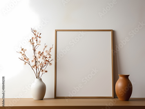 Minimalistic interior with blank wooden frame, white vase with cherry blossoms, and brown ceramic pot on a wooden shelf.