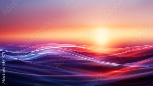 Abstract waveforms blending into a serene sunset, calming rhythms, tranquility in nature