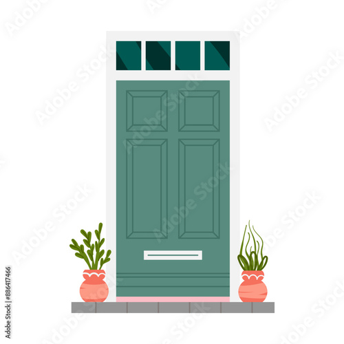 Green closed front door with potted plants on doorstep, elegant entrance to house vector illustration