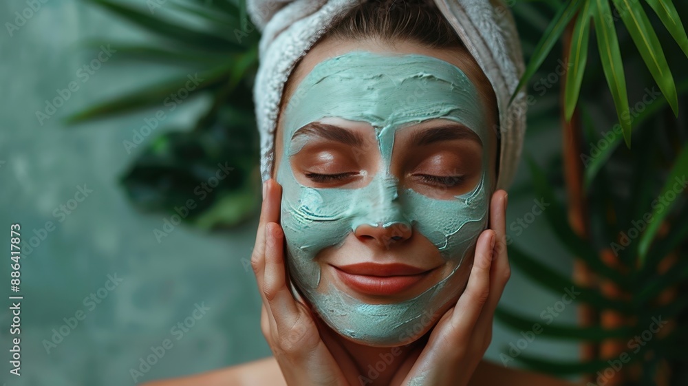 Woman with a towel on her head enjoying a relaxing, green clay face mask against a leafy background, emphasizing self-care and skincare. Woman with a towel on her head enjoying a relaxing, green clay face mask against a leafy background, emphasizing self-care and skincare.