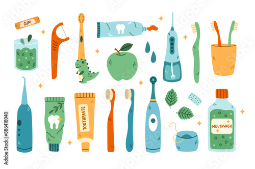 Vector cartoon tooth brushing kit isolated on a white background. Oral hygiene