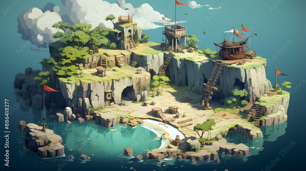 Pirate Cliffs A pirate hideout built on a small, rocky island with cliffs, caves ...