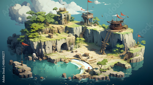 A pirate hideout built on a small, rocky island with cliffs, caves, wooden platforms, ladders, a ship docked by a cave, green trees, and red flags.