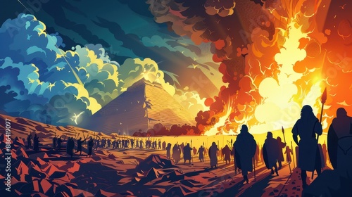 Exodus : Biblical Illustration: Egypt Under Unnatural Darkness During the Ninth Plague, Exodus Scene, Flat Design, Detailed Religious Artwork for Faith Education and Teachings