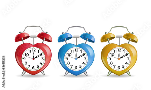 Three colorful alarm clocks in the shape of a heart. A vector image.