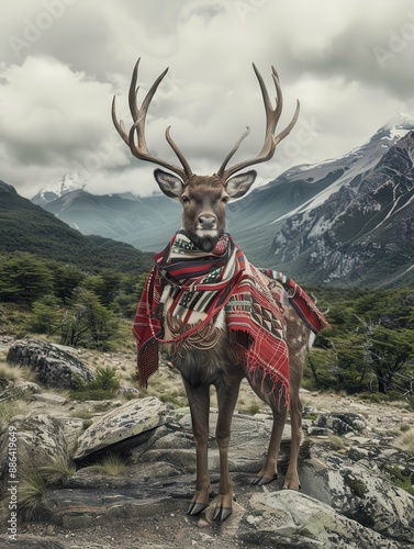 Majestic Chilean Huemul Deer in Mapuche Attire Amidst Patagonian Mountain Landscape photo