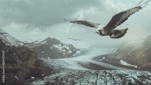 Majestic Icelandic Gyrfalcon in Viking Warrior Armor Soaring Over Dramatic Glacial Landscape