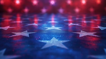 Sparkling blue and red stars on reflective floor with soft glowing lights in the background. Election day, festive decor, celebration, American holidays, political events, 4th of July concept.