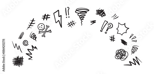 Hand drawn swearing icons in cartoon sketch stile. Simple doodle elements for concept design