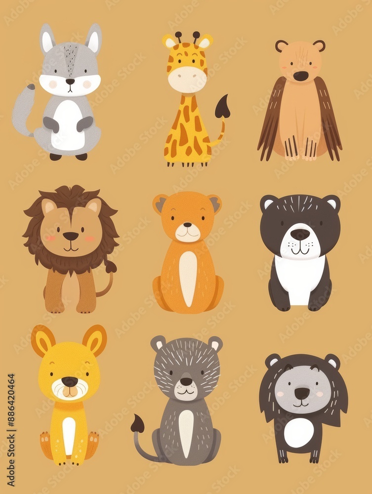 A set of cute animal faces with a yellow background. The animals are all different sizes and colors, including a lion, a giraffe, a bear, and a monkey A set of cute animal faces with a yellow background. The animals are all different sizes and colors, including a lion, a giraffe, a bear, and a monkey