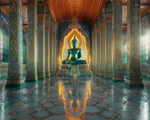 Majestic Emerald Buddha Statue at Wat Phra Kaew, Bangkok - Detailed Realistic Image in 8K Resolution with Vibrant Green Jade Material and Golden Background photo