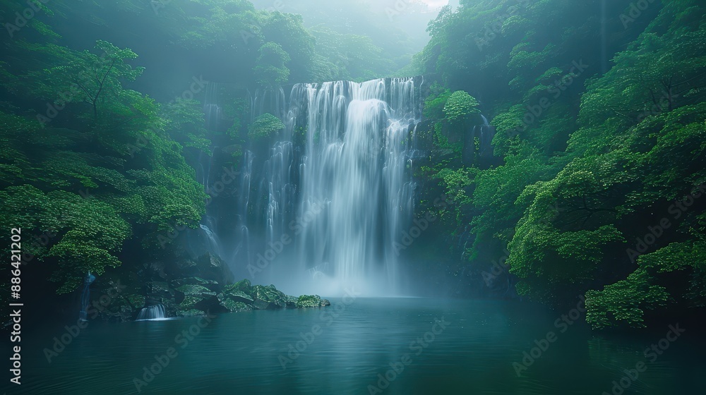 Tranquil Waterfall in Lush Greenery with Mist, Rainbow, and Rainy Season Vibe | Minimalistic Nature Landscape in 8k Resolution for Text Overlay Tranquil Waterfall in Lush Greenery with Mist, Rainbow, and Rainy Season Vibe | Minimalistic Nature Landscape in 8k Resolution for Text Overlay