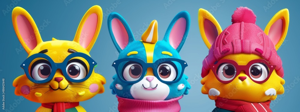 Fototapeta premium Three rabbits wearing glasses and hats are standing next to each other. The rabbits are wearing different colored hats and glasses, and they appear to be posing for a photo. The image has a playful