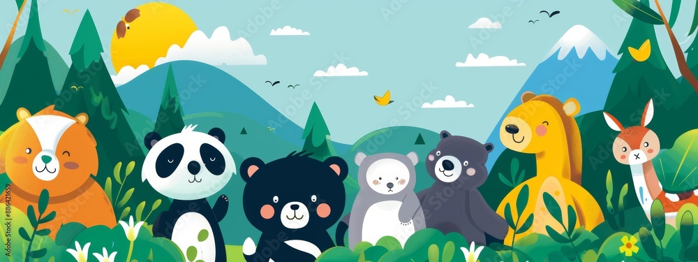 Naklejka premium A group of animals are standing in a forest, including a panda, a bear, a lion, and a deer