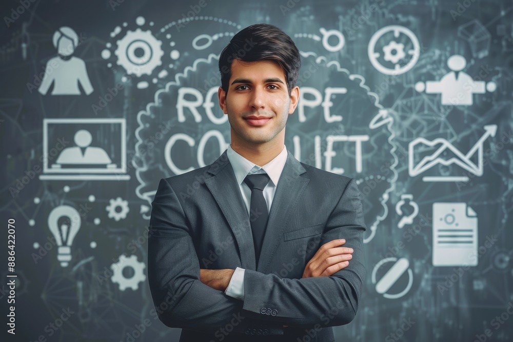 A businessman in a suit standing in front of a blackboard, giving a presentation or lecture, dynamic and professional poster that showcases the career growth opportunities available at our company A businessman in a suit standing in front of a blackboard, giving a presentation or lecture, dynamic and professional poster that showcases the career growth opportunities available at our company