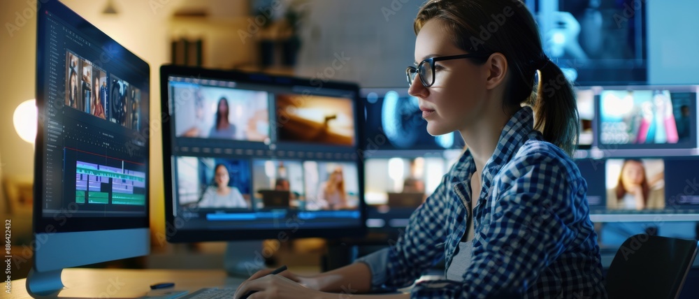 An influencer reviewing and selecting photos on a computer, organizing content for a social media campaign An influencer reviewing and selecting photos on a computer, organizing content for a social media campaign
