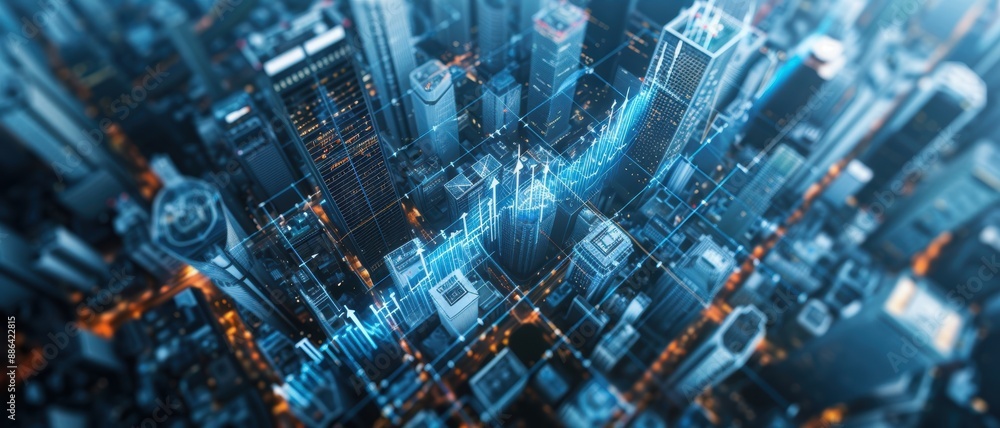 An aerial view of a city with skyscrapers, overlaid with a rising arrow graph and a businessman in the foreground