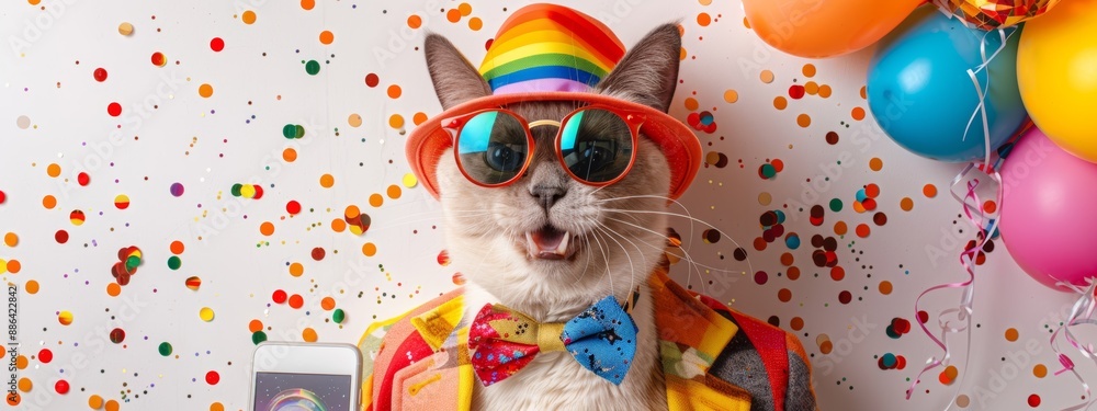 A cat wearing sunglasses and a hat is standing in front of a bunch of colorful balloons. The cat is holding a cell phone in its mouth. The image conveys a fun and playful mood A cat wearing sunglasses and a hat is standing in front of a bunch of colorful balloons. The cat is holding a cell phone in its mouth. The image conveys a fun and playful mood