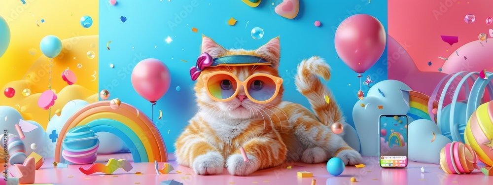 Naklejka premium A cat wearing sunglasses and a flowery hat is laying on a colorful background with balloons and other objects. The image is playful and whimsical, with a fun and lighthearted mood
