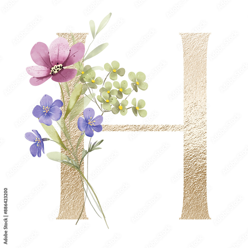 Letter H, gold floral monogram with watercolor flowers and leaf. Golden ...