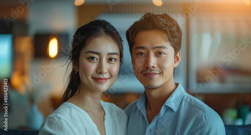 A young couple stands close together, both smiling at the camera, inside an interior setting.