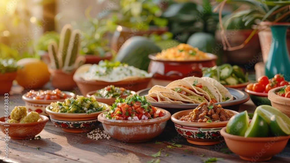 A vibrant still life of a traditional Mexican taqueria showcasing various tacos and toppings. A vibrant still life of a traditional Mexican taqueria showcasing various tacos and toppings.