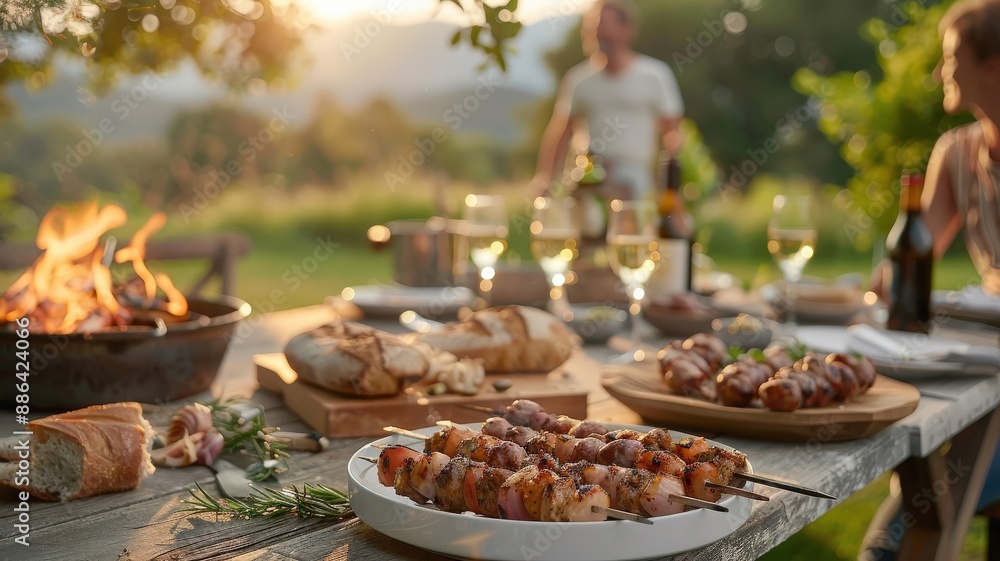 A rustic outdoor feast under a starry sky, where friends and family gather around a fire to enjoy freshly cooked kebabs. A rustic outdoor feast under a starry sky, where friends and family gather around a fire to enjoy freshly cooked kebabs.