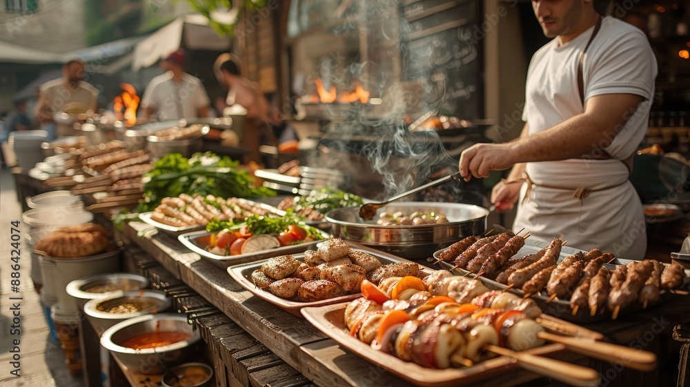 A vibrant food market, where vendors from different regions offer a wide variety of kebabs, each with its own unique flavors and traditions. A vibrant food market, where vendors from different regions offer a wide variety of kebabs, each with its own unique flavors and traditions.