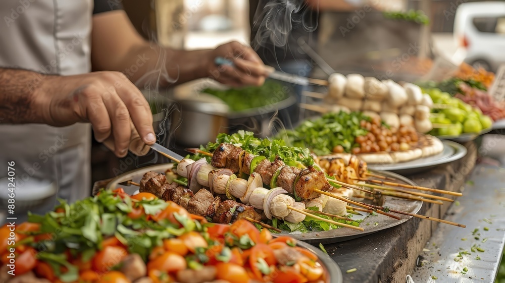 A vibrant food market, where vendors from different regions offer a wide variety of kebabs, each with its own unique flavors and traditions. A vibrant food market, where vendors from different regions offer a wide variety of kebabs, each with its own unique flavors and traditions.