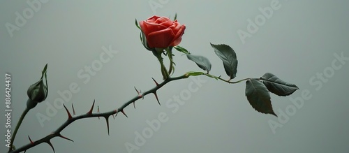 Obraz na płótnie Blurred image of a rose stem with thorns and leaves against a gray background showcasing a twig and allowing for copy space in a side view perspective w salonie