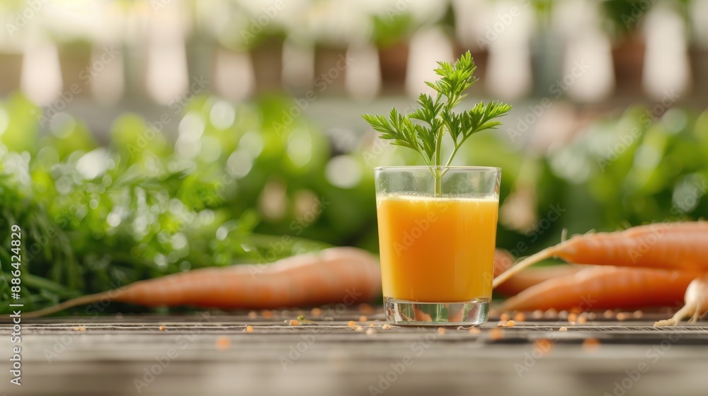 Fototapeta premium A glass of fresh, orange carrot juice is garnished with a small carrot and green leaves, creating a visually appealing and healthy beverage ready to enjoy.