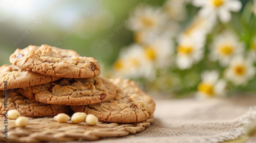 A stack of chocolate chip cookies embedded with nuts, placed on a natural mat with white flowers in the background, exuding a homemade feel and uplifting outdoor ambiance. A stack of chocolate chip cookies embedded with nuts, placed on a natural mat with white flowers in the background, exuding a homemade feel and uplifting outdoor ambiance.