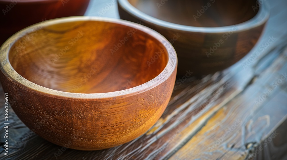 A close-up shot of modern bowls arranged on a wooden surface. A close-up shot of modern bowls arranged on a wooden surface.