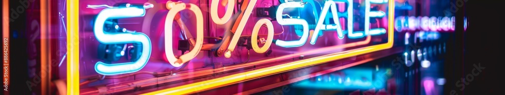 Obraz premium Abstract Innovative AI-Generated 4K Wallpaper Featuring a Vibrant Neon 50% Discount Sale Sign. Ideal for Promotional Campaigns, Retail Sales, and Marketing Strategies. Eye-Catching Design for Limited-