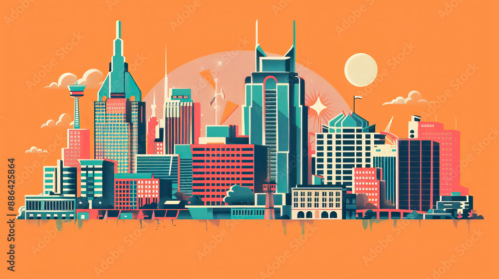 Naklejka premium Risograph riso print travel poster, card, wallpaper or banner illustration, modern, isolated, clear, simple of Nashville, Tennessee, USA. Artistic, screen printing, retro, vintage