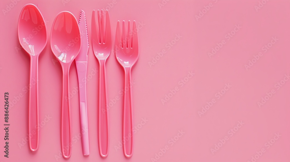 Disposable plastic utensils on a pink background, emphasizing the need to save the environment and promote ecology. Disposable plastic utensils on a pink background, emphasizing the need to save the environment and promote ecology.