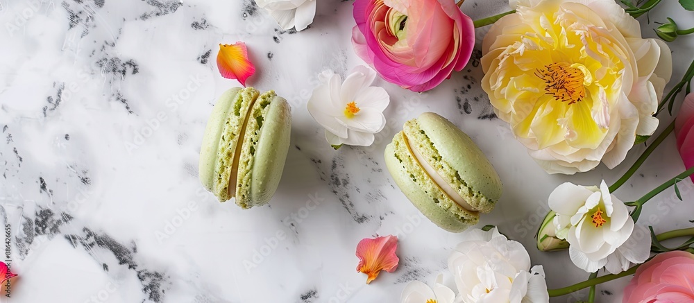 A green macaron sits beside vibrant flowers on a white marble table allowing for a text to be added in the copy space image A green macaron sits beside vibrant flowers on a white marble table allowing for a text to be added in the copy space image