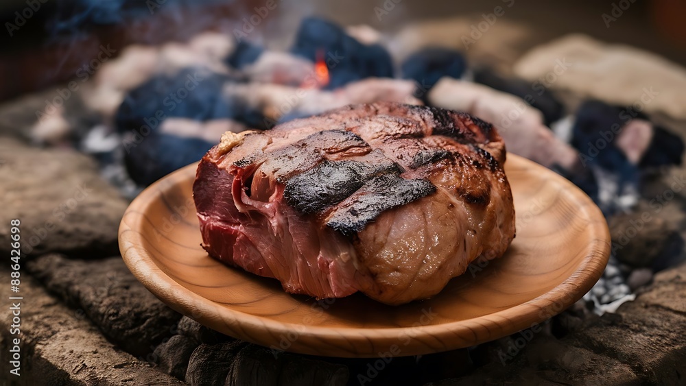 Piece of meat cooked on embers on a wooden plate. Traditional Argentinian food called Piece of meat cooked on embers on a wooden plate. Traditional Argentinian food called