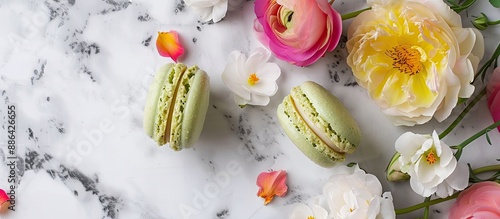 A green macaron sits beside...