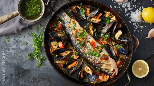 Fish and mussels served in a casserole dish. photo
