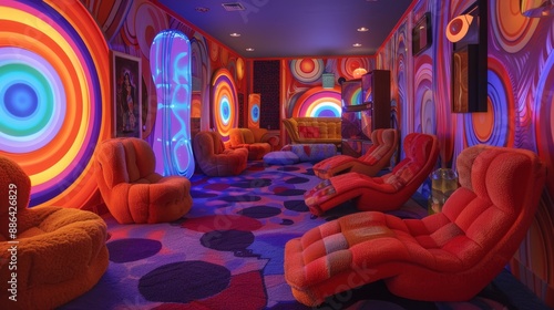 retro interior design, the room exudes groovy vibes with psychedelic patterns on s-inspired walls lava lamps in vibrant colors add a retro touch to the space photo