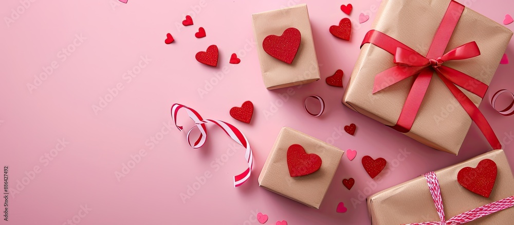 Craft paper gifts and hearts displayed on a pink background with blank space for an image. with copy space image. Place for adding text or design Craft paper gifts and hearts displayed on a pink background with blank space for an image. with copy space image. Place for adding text or design