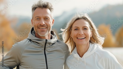 A couple, warmly dressed in jackets, smiles brightly while enjoying the crisp fall outdoor scenery, surrounded by beautiful autumn colors and a serene natural background.