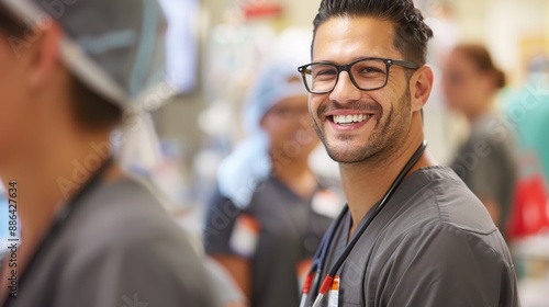 A cheerful nurse in gray scrubs smiles confidently in a busy hospital environment, surrounded by colleagues, demonstrating professionalism and dedication to patient care and teamwork.