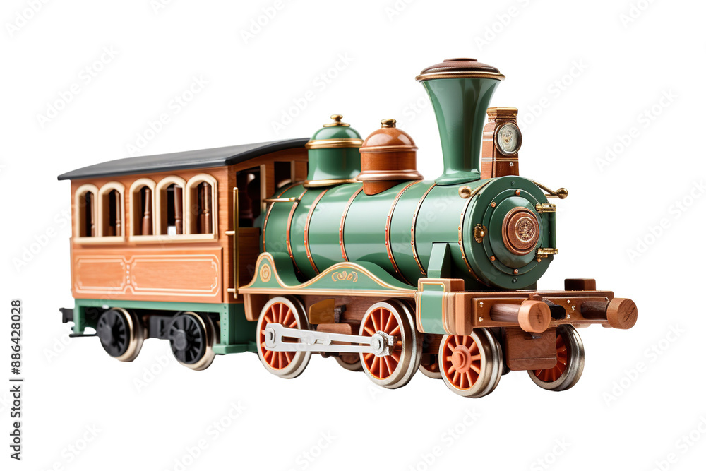 Naklejka premium A Vintage Green and Brown Model Train Ready for Its Journey on a White or Clear Surface PNG Transparent Background