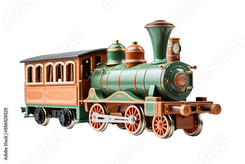 A Vintage Green and Brown Model Train Ready for Its Journey on a White or Clear Surface PNG Transparent Background