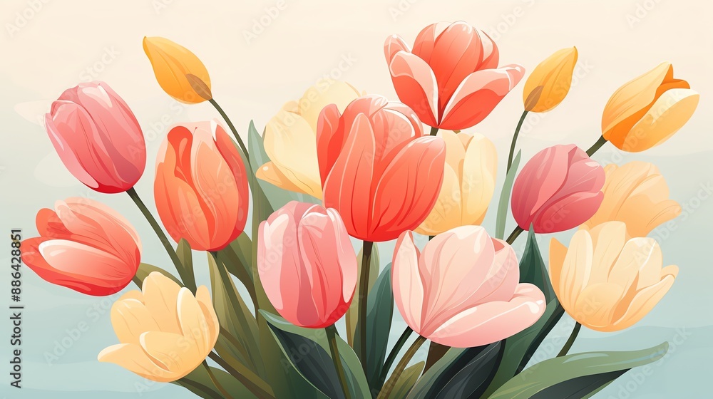 A vibrant bouquet of pink, orange, and yellow tulips. A vibrant bouquet of pink, orange, and yellow tulips.