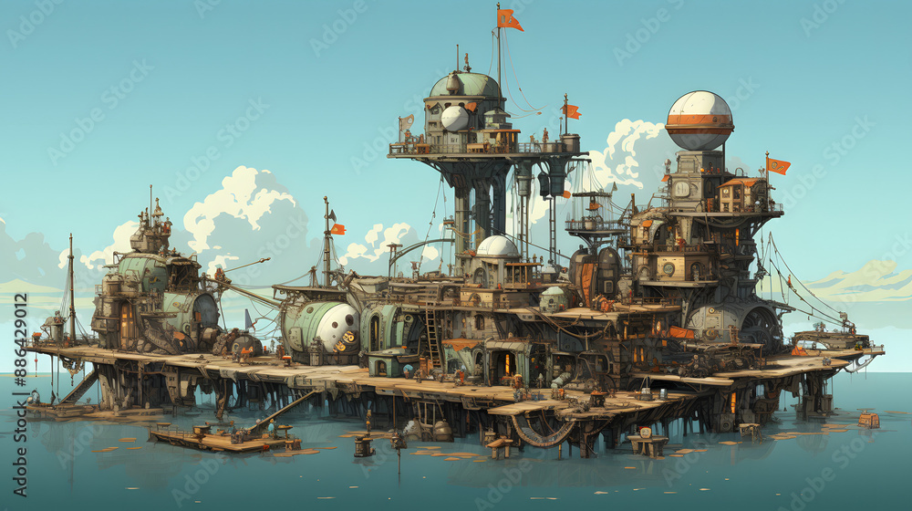 Fototapeta premium A steampunk-inspired floating city bustles with activity, its intricate structures and curious contraptions a testament to the ingenuity of its inhabitants.