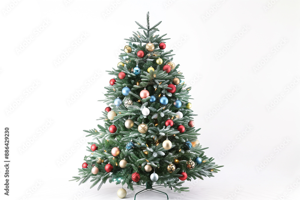 A fully decorated Christmas tree with twinkling lights and ornaments, standing against a pristine white background. A fully decorated Christmas tree with twinkling lights and ornaments, standing against a pristine white background.