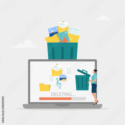 Delete concept. The character deletes data on the laptop and moves unnecessary files to the trash. Cleaning digital memory. Vector illustration.	